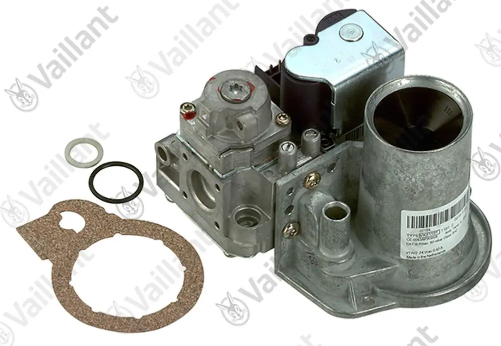 Vaillant Gasarmatur mit mehreren Anschlüssen und Dichtungen, zur Regelung von Gasflüssen in Heizungsanlagen.